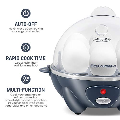 Elite Gourmet Egc007Bg Rapid Egg Cooker, 7 Easy-To-Peel, Hard, Medium, Soft Boiled Eggs, Poacher, Omelet Maker, Auto Shut-Off, Alarm, 16-Recipe Booklet, Slate Blue #TOP4