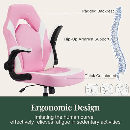 Image of Ergonomic Computer Gaming Chair - Home Office Desk with PU Leather Lumbar Support, Height Adjustable Big and Tall Video Game with Flip-up Armrest, Swivel Wheels for Adults,White and Pink