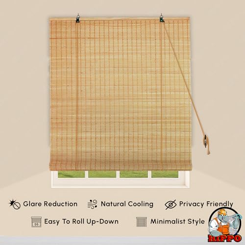 Image of HIPPO Bamboo Curtains - W-4 FT X H-9 FT Rope Mechanism Roll Up Down Indoor Bamboo Shade for Sun & Dust Protection for Home Window, Balcony, Restaurant, Hotel, Resort (Natural Wood)