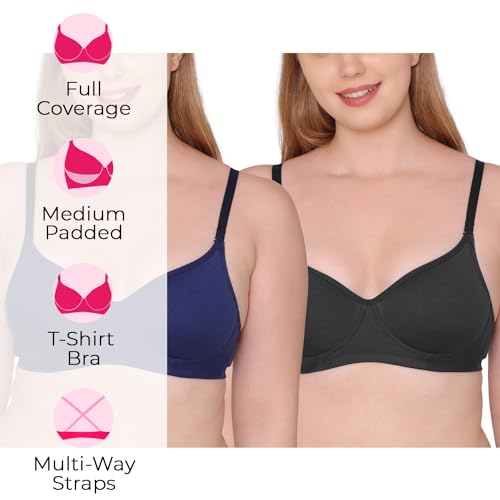 Image of Tweens - Medium Padded Cotton Rich Bra - Full Coverage, Seamless, Multiway Straps, Wirefree Everyday T-Shirt Bra (Pack of 2)