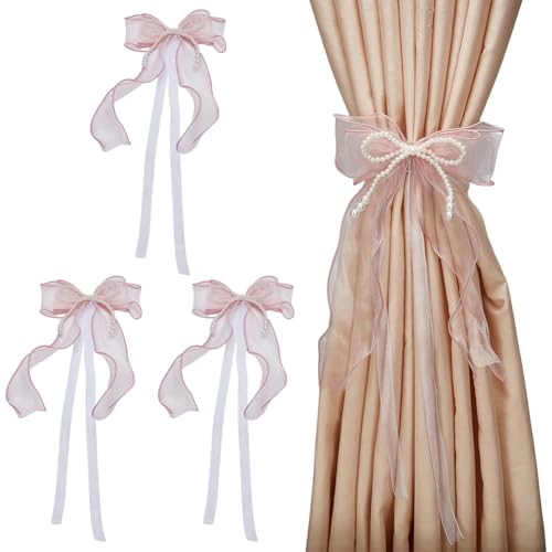 FINGERINSPIRE 4 alzapaños de cortina de mariposa con perlas, rosa brumosa, lazo de perlas, lazos de cortina con lazo, hebilla para decoración de cortinas, cuerda para decoración del hogar