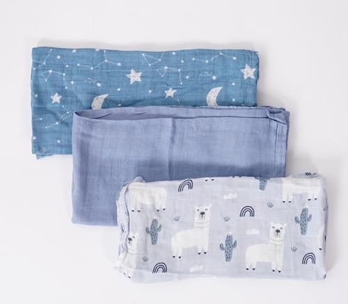 Image of Muslin Swaddle for Baby, 3 Pack, Floral and Solid Patterns (Blue)