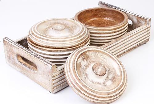 ARTISENIA Juego de 2 cuencos de madera blanqueada con bandeja. Juego de cuencos de madera duraderos con tapa. Juego de vajilla de madera. Cuencos redondos de madera de 4 pulgadas, bandeja de madera de