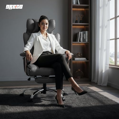 Image of DROGO Ergonomic Office Chair for Work from Home 400LBS, PU Leather Computer Chair for Study with High Back, Cushion Seat, Armrest, Head & Lumbar Support | Gaming Chair with Footrest & Recline (Grey)