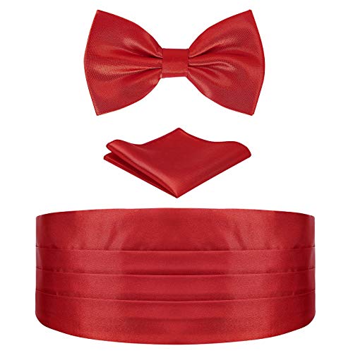 HDE Red Cummerbund and Bow Tie, Pocket Square for Men Satin Tuxedo Set