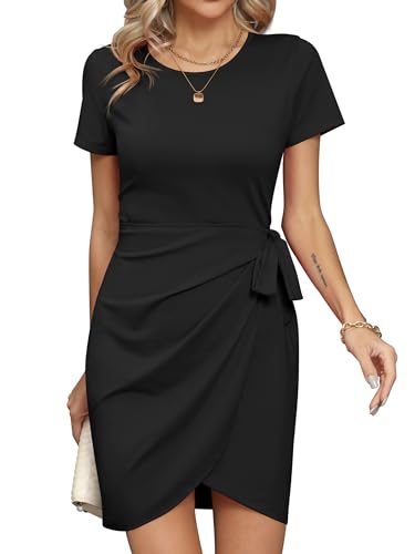 Wickelkleid Sommerkleid Minikleid Kurzarm Freizeitkleid – Missufe Damen T Shirt Enges Bodycon Gerafftes Krawattenkleid (...
