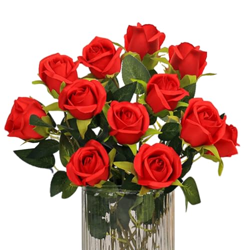 Paquete de 12 rosas artificiales de seda roja, ramo de flores individuales de tallo largo, flores decorativas realistas para bodas, fiestas, oficina, decoración del hogar