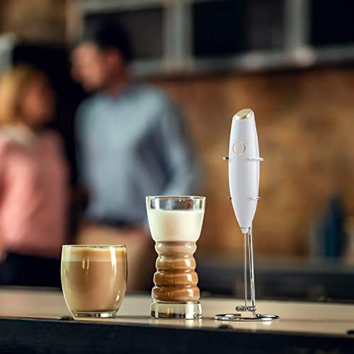 Milk Frother White - Coffee Frother Handheld With Electric Whisk - 19000 Rpm - Book Recipes And Stainless Steel Stand Included - Hand Mixer Electric (White And Gold) #TOP3