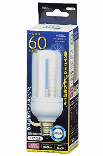 オーム電機 LED電球 D形 E17 60形相当 6.7W 845lm 昼光色 全方向タイプ 発光管露出形 112mm LDF7D-G-E17 06-1673 OHM