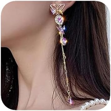 fxmimiorLong Tassels Butterfly Earrings Dainty Silver Drop Earrings Statement Charm Earring Purple Rhinestones Crystals Body Jewelry for Women