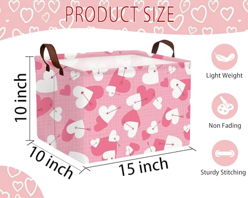 Image of Large Valentine's Day Basket Heart Shaped Storage Bin for Gifts Collapsible Organizer Room Decor (Arrow White Pink Love)