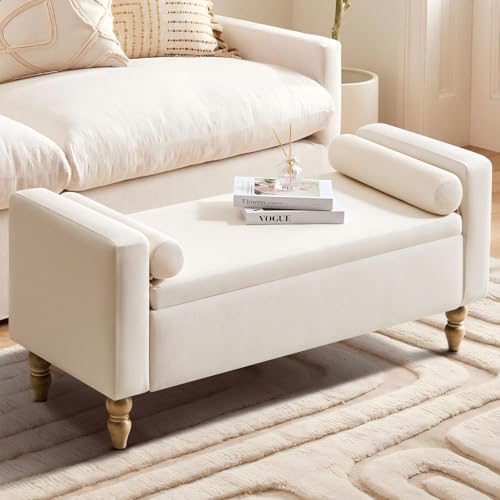 Hellove Grand Banc De Rangement avec Coussin, 116 Cm, en Lin Rembourré, avec Pieds en Bois Massif, Banc à Chaussures, Coffre De Rangement pour Chambre à Coucher,...