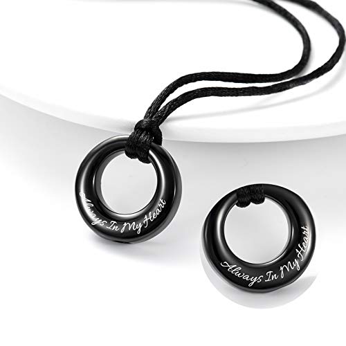 Hearbeingt Cremation Jewelry Urn Necklace for Ashes Circle of Life Eternity Memorial Pendant Ash Holder for Women Men - Always in My Heart, Black - Thumbnail 2