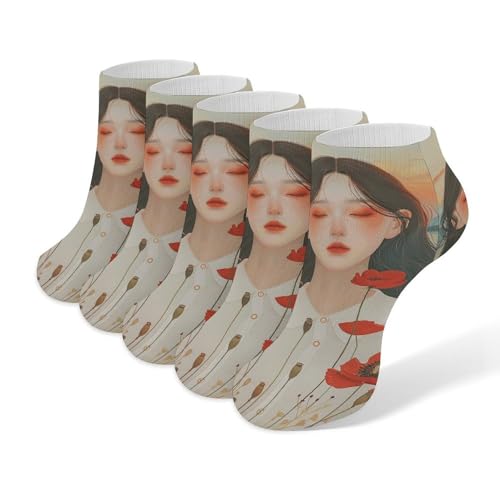 Long Hair Beauty Ankle Socks 5-Pack, Breathable Casual Athletic Socks for Women Men, One Size (6-11)