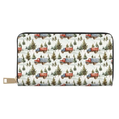 Leather Thin Slim Wallets for Women Men - Fashion Retro Forest Truck Print Card Wallet Holder with Zipper