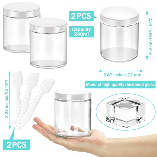 MotBach 2 Pack 8oz Glass Jars with Lids, Round Glass Jars with Spatulas, Inner Liners and White Lids, Empty Cosmetic Containers Travel Toiletries Container for Lotion, Cream, Makeup, Cosmetic, Slime3