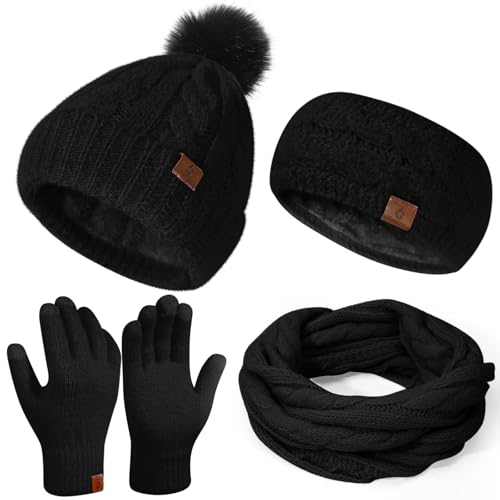 Womens Beanie Hat Infinity Scarf Touchscreen Gloves Fleece Headba...