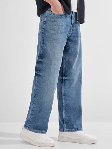 Image of Highlander Men Men's Premium Loose Straight Fit Mid-Rise Cotton Lycra Jeans - Button Closure, Machine Washable, Comfortable All-Day Wear for Casual & Semi-Formal Occasions