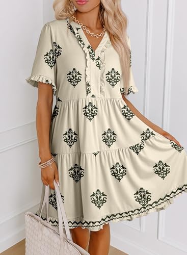 Image of Dokotoo Womens Summer Dresses 2026 V Neck A Line Short Sleeve Casual Ruffle Babydoll Mini Dress