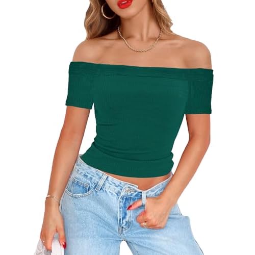 Topstype Off Shoulder Tops for Women Short Sleeve Summer Slim Fit Ribbed T Shirts Fitted Going Out