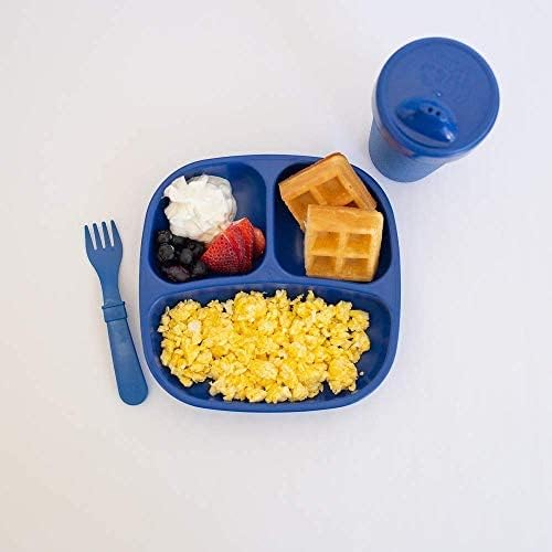 Re Play - 4 Pack 7.37" Divided Plates with Deep Sides for Baby, Toddler & Child Feeding | BPA Free | Made in USA from Eco Friendly Recycled Milk Jugs | Wave (White, Ice Blue, Sky, Navy)