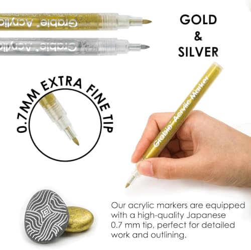 Image of Grabie Gold&Silver Acrylic Paint Marker Set, Extra Fine Tip, 6 Pieces, Gold Paint Markers, 0.7mm Acrylic Paint Pens for Black Paper, Halloween Pumpkin, Christmas, DIY, Silver Pen (Gold and