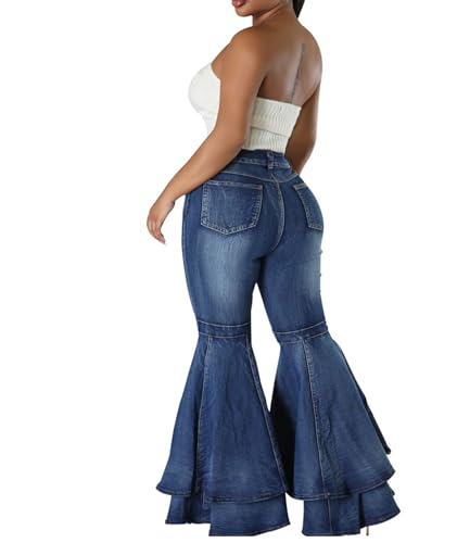 Sexyshine Women's Bell Bottom Jeans High Waist Ruffle Flared Tiered Denim Pants Retro 70s Wide Leg Long Pants4