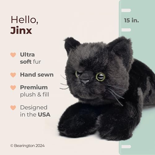 Image of Bearington Jinx Black Cat Plush - 15 inch Realistic Cat Stuffed Animal with Soft Fur and Lifelike Details for Toddlers - Kitty Stuffed Animals for Girls - Adorable Cuddly Plush Toy Gift for Kids