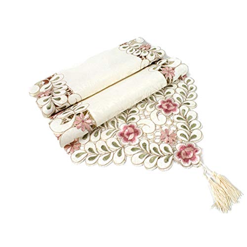 AueDsa Mantel con Camino de Mesa 40x250CM,Camino para Mesa Comedor Flores Huecas con Borlas Camino de Mesa Seda Beige Blanco Cover