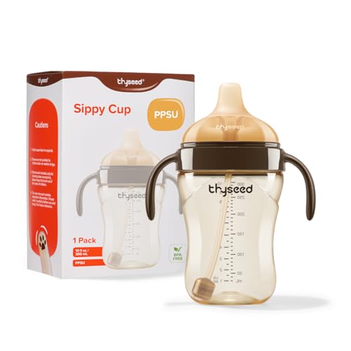 Thyseed Spill-Proof Weighted Straw Sippy Cup, Baby Transition Trainer, Soft Silicone Spout, BPA-Free, 6m+, 10 oz, 1 Pack