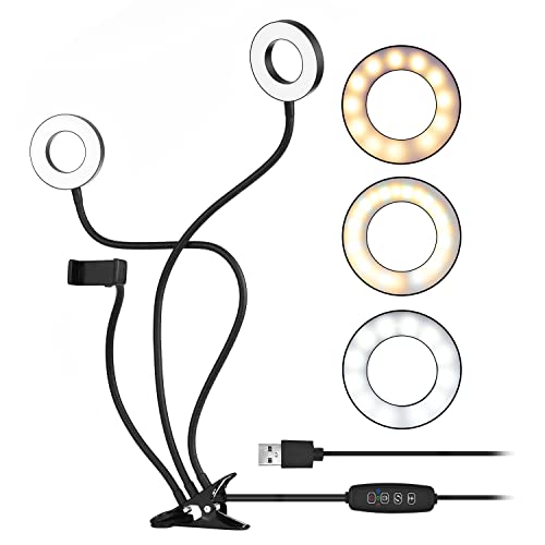 Andoer Clip-On LED Ring Light 3 Lighting Modes, USB Fill-in Lamp Dual Lights Dimmable Flexible Arms Design with Phone Holder for Live Video Chatting Selfie