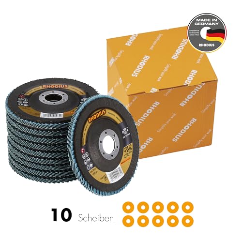 RHODIUS LSZ F3, 10 Stück Ø 125 mm K40 Fächerscheiben, Made in Germany, Metall Schleifscheibe für Winkelschleifer, Fächerschleifscheiben, Lamellenscheibe