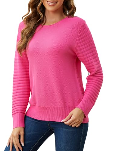 Image of SPARKLE & SKY Cotton Sweaters for Women: Lightweight Crew Neck Sweater with Stripe Sleeve - Pullover Knit Sweaters Fall