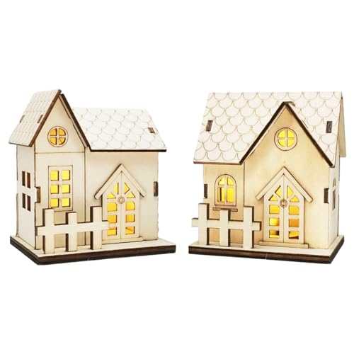 Casas de Pueblo navideñas con luz LED 2 Piezas Pueblo navideño de Madera con Interruptor Inferior para decoración de Chimenea de Mesa 3.2x2.8x3.8 Pulgadas