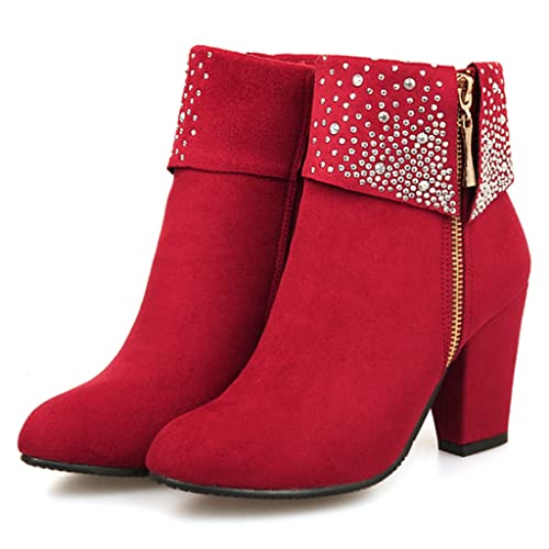 MIOKE Women's Chunky Block High Heel Ankle Boots Rhinestone Round Toe Suede Zipper Bootie Dress Short Boots2