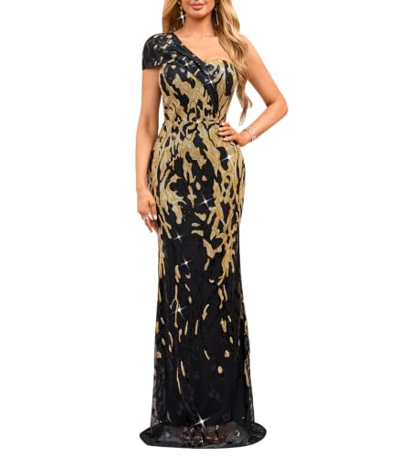 Image of Cololura Women Sexy Sequin One Shoulder Mermaid Formal Party Cocktail Gowns Bodycon Evening Maxi Dress