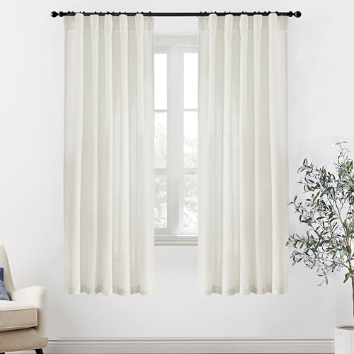 Image of XTMYI 72 Inch Long Linen Curtains for Living Room,Sheer Semi Privacy Back Tab Hooks Pleated Light Filtering Sidelight French Door Curtain Drapes 72 Inch Length 2 Panels Set,Cream Ivory