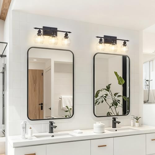Image of 3-Light Bathroom Light Fixtures Matte Black Vanity Light Over Mirror Modern Vanity Lighting with Clear Glass Globe Vintage Wall Sconce for Kitchen Living Room Hallway Bedroom
