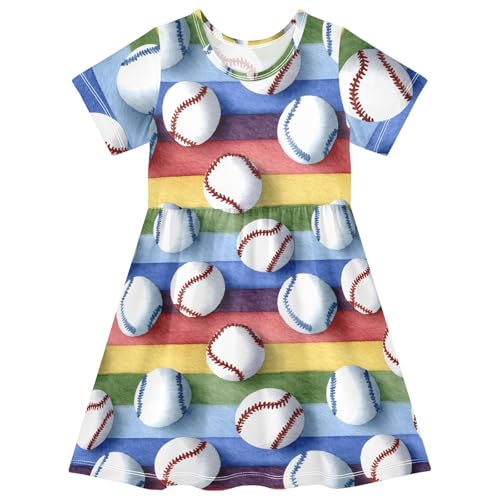 Girls' Short Sleeve Dress, Baseball Print for Kids 2T