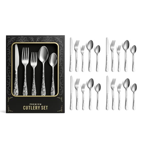 Image of aDai Premium 20 Piece Stainless Steel Cutlery Set | Floral Handle | Includes Spoon Fork Knife Teaspoon | Perfect for Corporate Gifting (Silver)