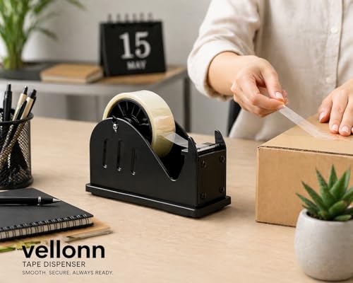 Image of VELLONN Heavy Duty Tape Dispenser 2 Inch (50mm) - Metal Packing Tape Cutter with Anti-Slip Base for Office, Warehouse, Packaging & Desk Use (Black)