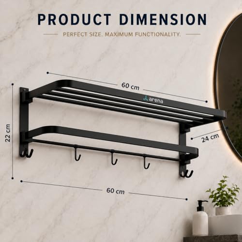 Image of Arena Premiuum Stainless Steel Towel Holder in Bathroom Folding Towel Rack /Shelf /Stand for Bathroom | Black 24 Inches Bathroom Towel Stand with Hooks and Hanger (Pack of 1)