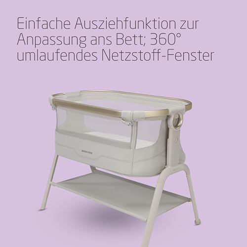 Maxi Cosi Iora² Baby Stubenbett, 0–6 kg (9 kg), Klappbares und Leichtes Beistellbett Baby, 5 cm CloudCore-Matratze, 5 Höhenstufen, 2 Leichtgängige Rollen, Easy Slide, Elegance Beige