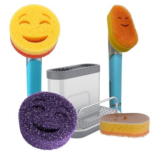 Image of Smilyeez Caddy Combo, Sink Caddy, Smiling Handle, 2 Scrub Moji Sponges, Dishwand with 2 Mini Moji Sponges (Light Blue)