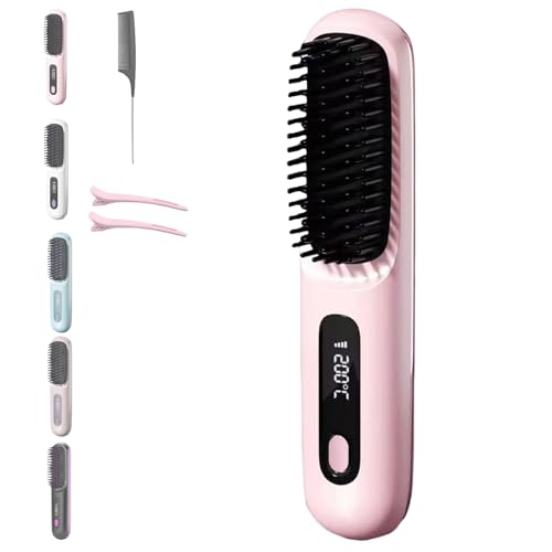 Go Brush Pro, Portable Straightener Brush - Gobrush Pro, LED Display Hair and Curler 2 in 1 Rechargeable Cordless Straightening Irons Comb for Women Short Long Hair (Pink)