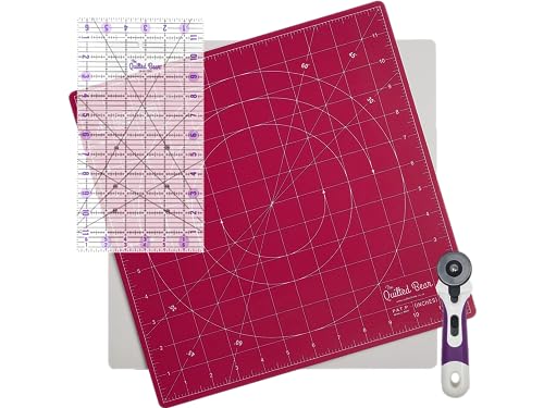 The Quilted Bear 12" x 12" Self-Healing Rotating Cutting Mat with 6.5" x 12" Non-Slip Quilting & Sewing Ruler & 45mm Ergonomic Soft Grip Rotary Cutter