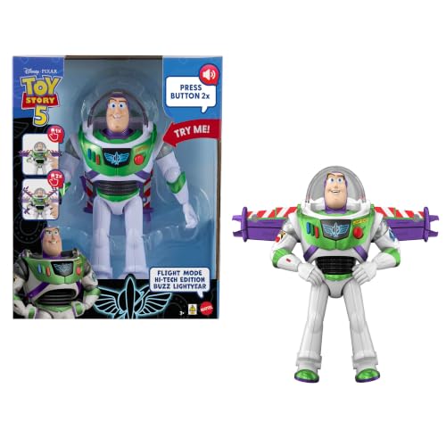 Mattel Disney Pixar Toy Story 5 figura de ação, Buzz Lightyear edição de alta tecnologia com modo de voo e ativação de asas de 30,48 cm, mais de 35 sons, JMW40