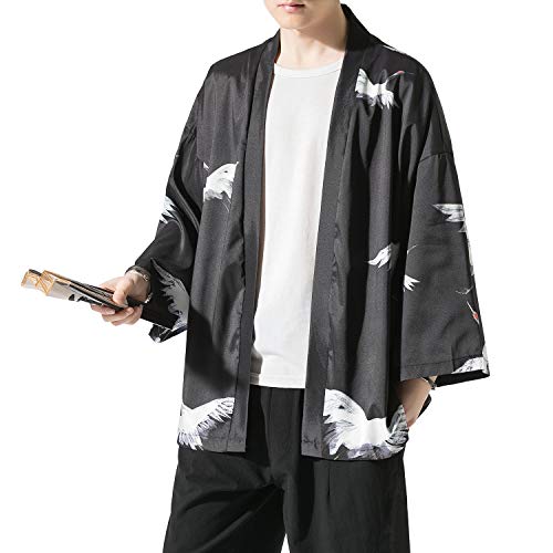Image of PRIJOUHE Men's Japanese Kimono Cardigan Jackets Casual Long Sleeve Open Front Coat Lightweight Yukata Outwear