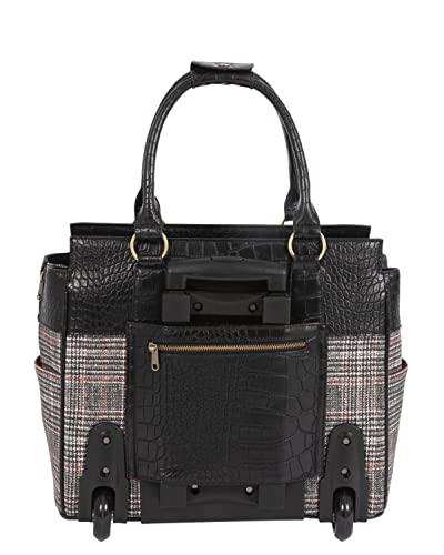 JKM and Company Computer iPad, Laptop Tablet Rolling Tote Bag Briefcase Carryall Bag (Black/Plaid)