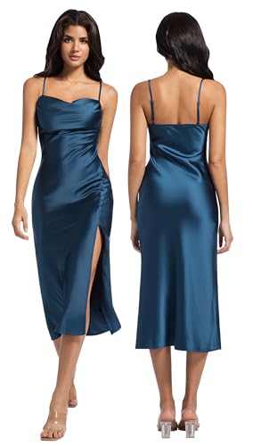 Image of Wedding Guest Dress for Women Spaghetti Strap Satin Slip Dresses | Slit Midi Dress, Cowl Neck, Cocktail, Formal, Evening Party